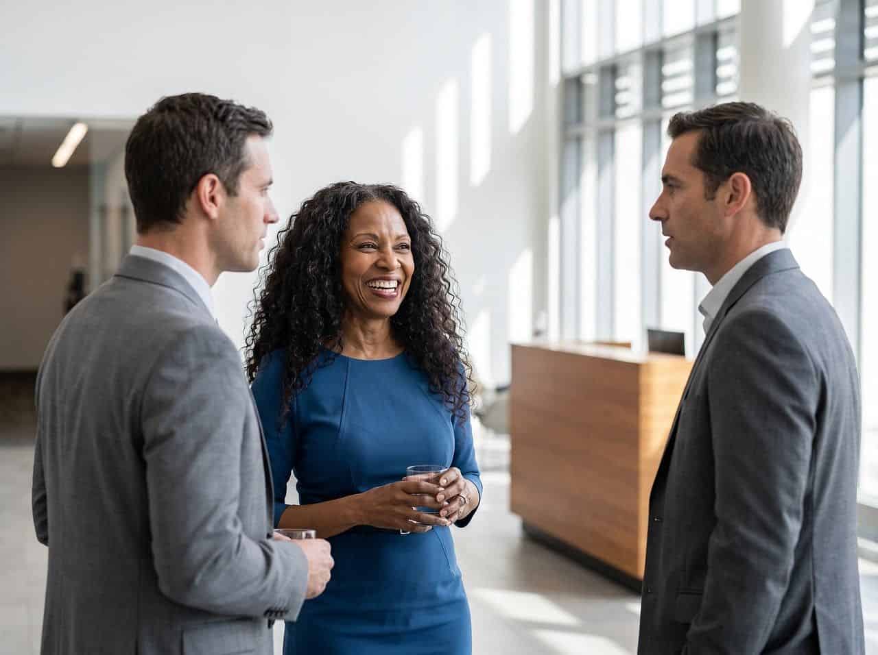 Three professionals talking in a bright lobby