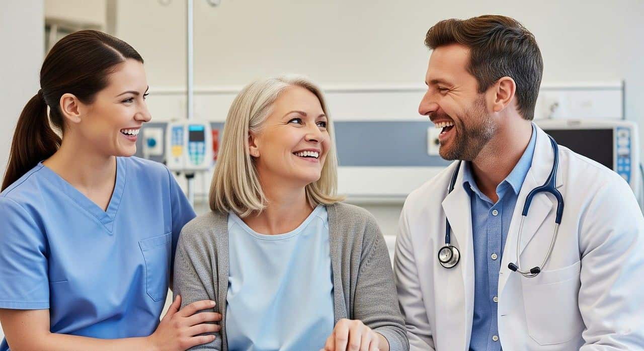 A nurse, a patient and a doctor smiling together