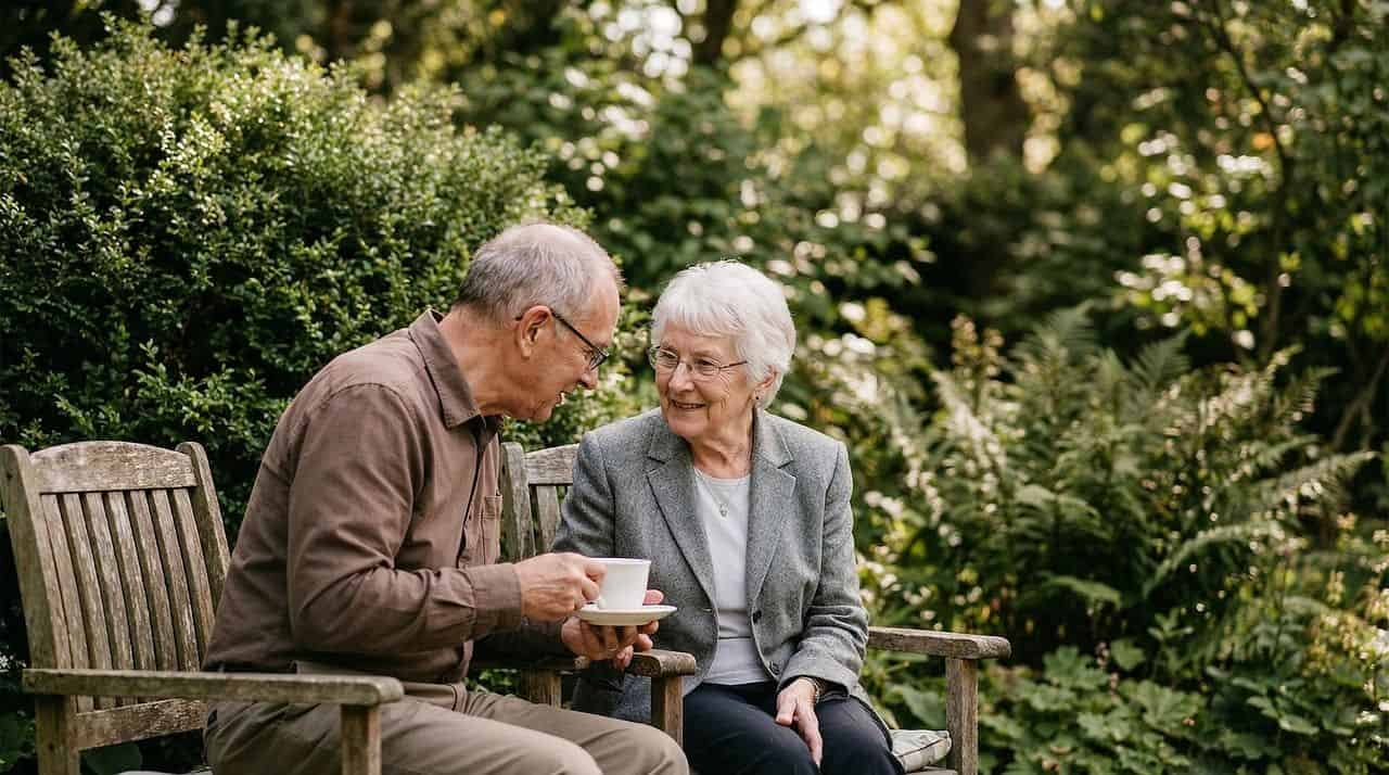 An older couple having tea in a garden