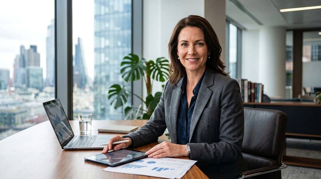 A smiling executive at her desk