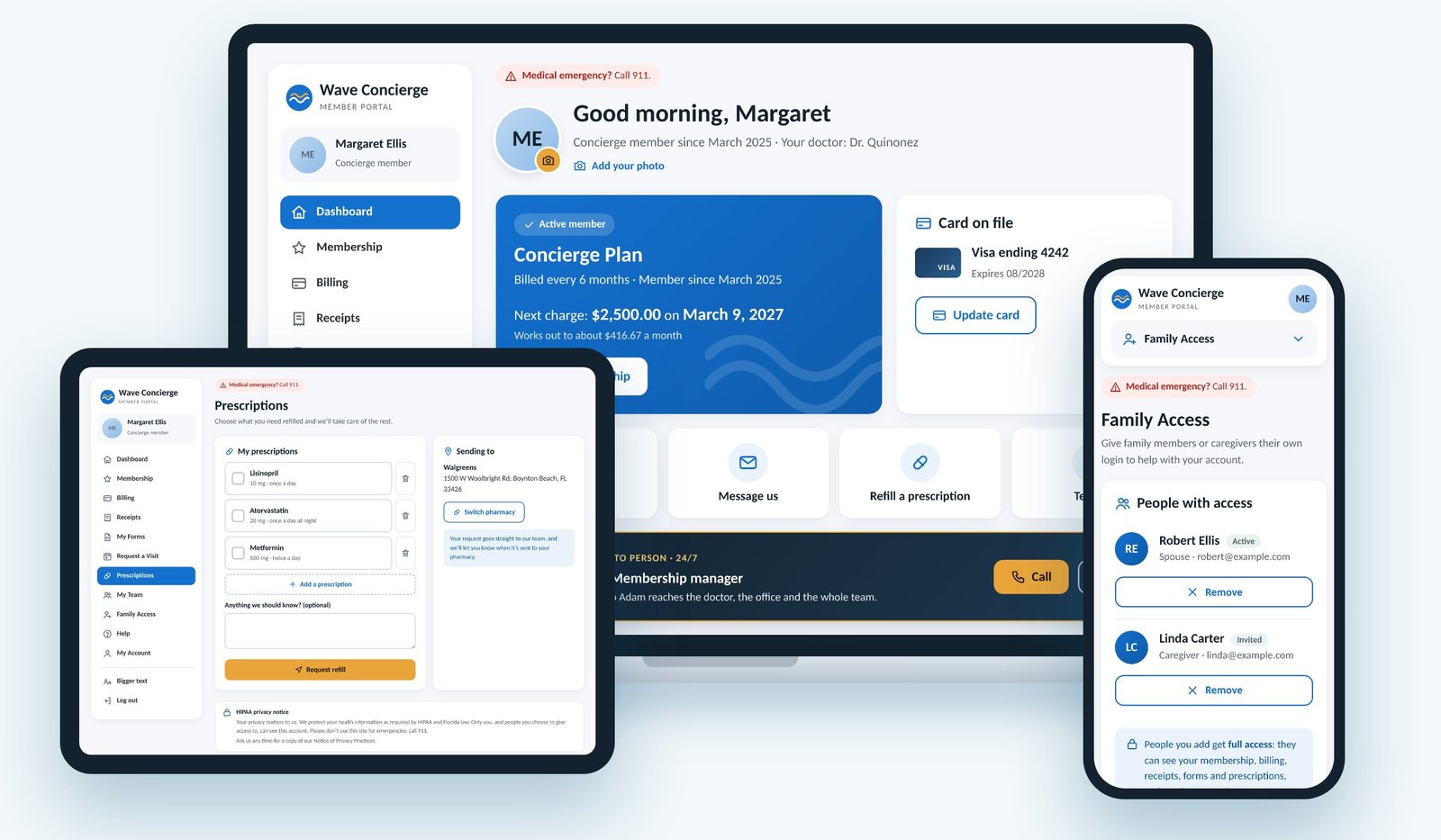 Sample member portal shown on a laptop, tablet and phone