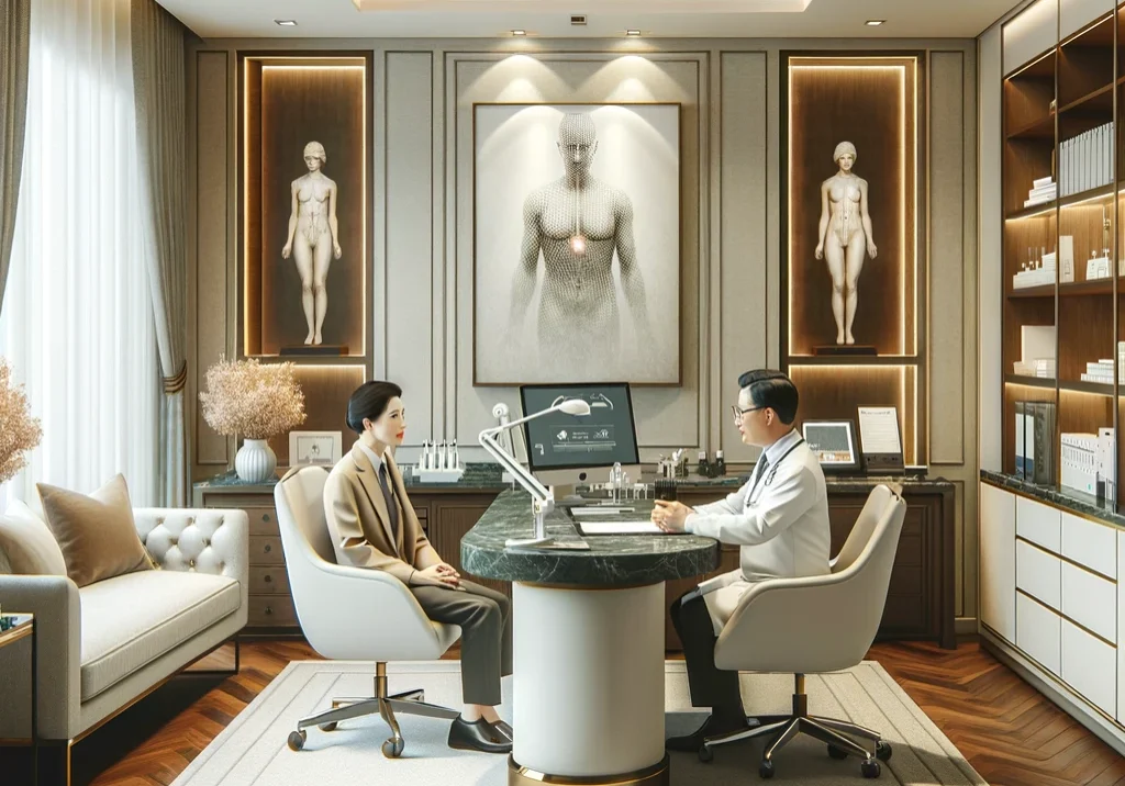 DALL·E 2024-05-28 02.56.56 - A luxurious doctor's office with elegant design elements, featuring high-end furniture, a grand desk, and a sophisticated environment. The room has me