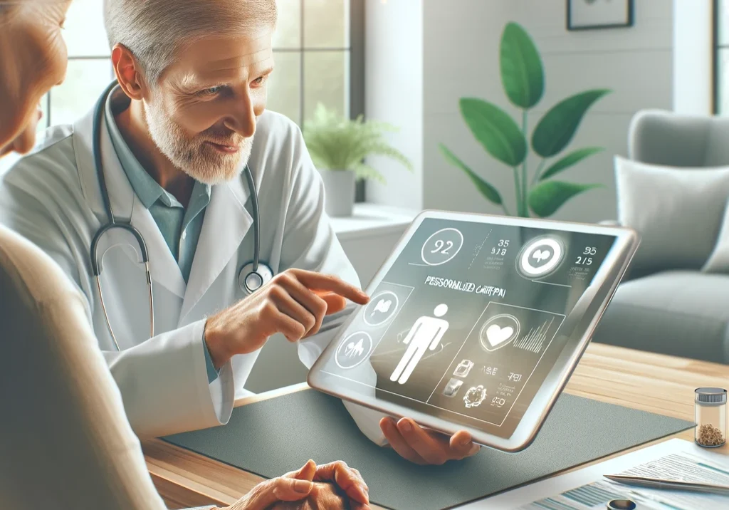 DALL·E 2024-05-30 18.03.18 - A professional and realistic image depicting personalized care plans. Show a healthcare provider discussing a care plan with a patient using a tablet