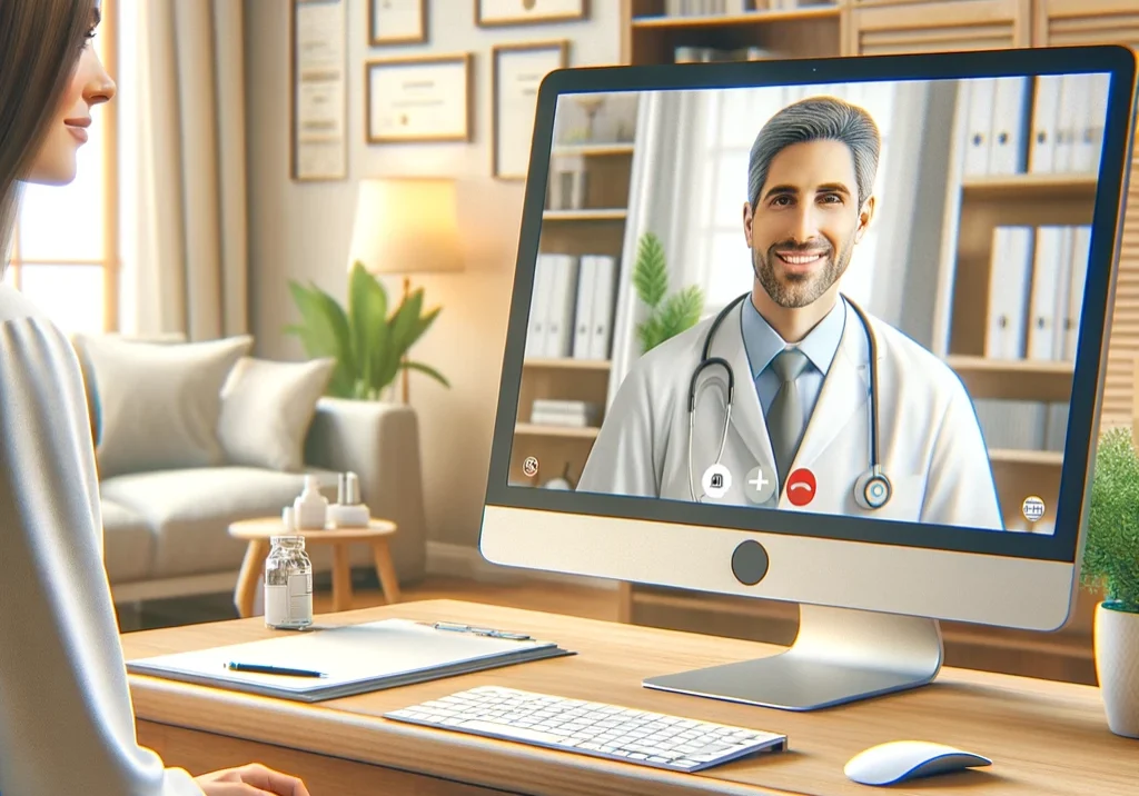 DALL·E 2024-05-30 18.08.38 - A professional and realistic image depicting direct access to specialists. Show a patient having a video call consultation with a medical specialist o