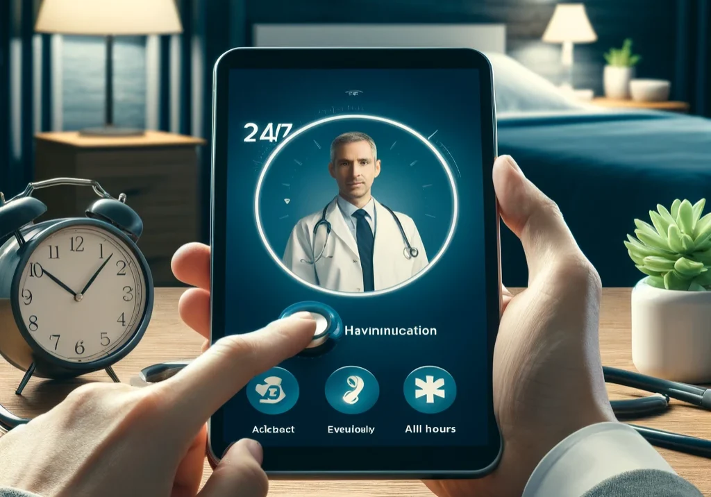 DALL·E 2024-05-30 18.09.28 - A professional and realistic image depicting 24_7 access and direct communication with healthcare providers. Show a patient using a smartphone or tabl