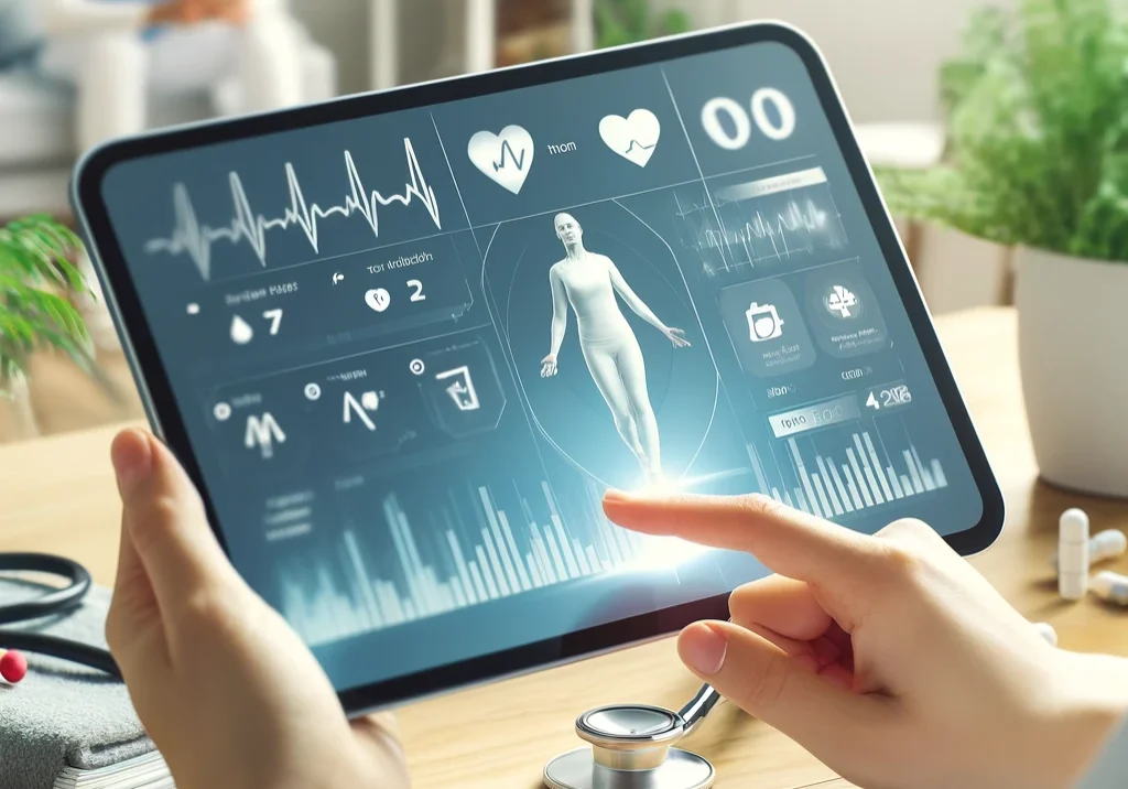 DALL·E 2024-05-30 18.11.19 - A professional and realistic image depicting proactive health management. Show a patient using a tablet or smartphone to track their health metrics, s